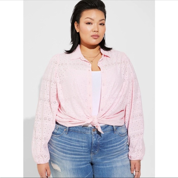 Torrid Pink Eyelet Button Down Blouse - Picture 4 of 5